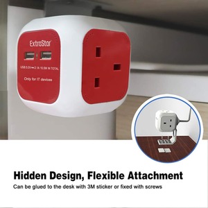 Power Cube 4 Ways Sockets 2 x USB Charger 5V 1.5m - Red by ExtraStar