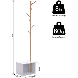 HOMCOM Coat Rack Storage Bench Hallway Hanger Entryway Stand Bamboo MDF - White and natural wood by HOMCOM
