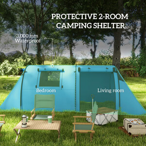 Outsunny 2 Room Camping Tent for 3-4 Man, 3000mm Waterproof - Sky Blue by Outsunny