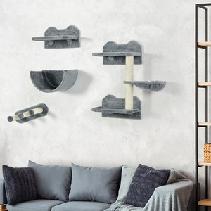 PawHut 4-Piece Wall-Mounted Pet Shelves, Scratching Post - Grey by PawHut