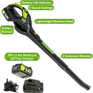 Cordless Leaf Blower 20V Li-ion 4000mAh Battery and Fast Charger - Green by Mylek