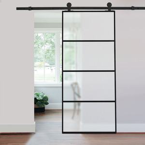 Glass Black Frame Barn Door with Sliding Hardware Kit by Livingandhome