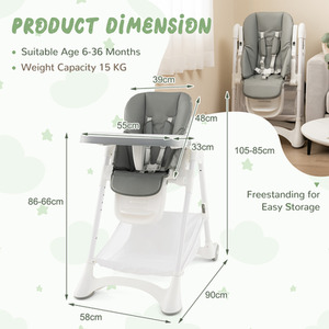 Baby High Chair Foldable Toddler Dining Chair - Grey by Costway