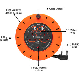 Innoteck 2 Socket Cable Reel - 10m - Orange by Innoteck