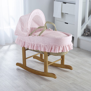 Broderie Anglaise Pink Moses Basket with Natural Little Gem Rocking Stand by Kinder Valley