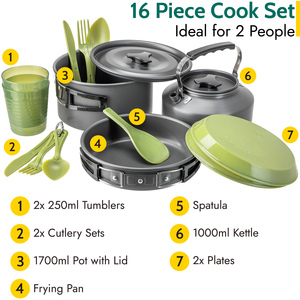 Camping Cookware 16Pc Set 2 Person with Kettle - Black by Trail