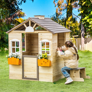 Outsunny Wooden Kids Playhouse, Outdoor Garden Games Cottage - Natural by Outsunny