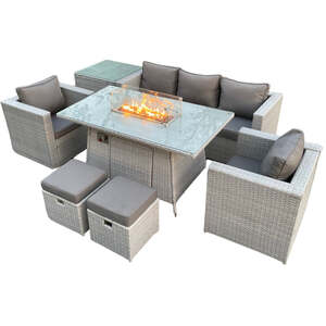 Kensington 7 Seater Rattan Garden Furniture Set with Fire Pit - Light Grey by Furnico Living LTD