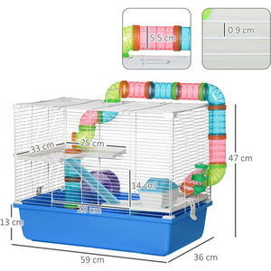 PawHut Large Hamster Cage Three-Level with Tubes Tunnel - Blue by PawHut