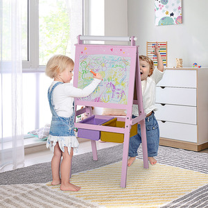 3 In 1 Kids Wooden Art Easel with Storage Baskets - Pink by HOMCOM