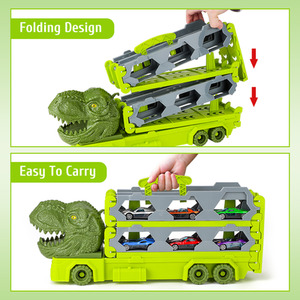 Dinosaur Race Track Transport Truck Toys with 6 Small Race Cars - GREEN