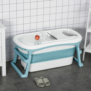 HOMCOM Folding Baby Bath Tub for Toddlers Kids with Top Cover - Blue by HOMCOM