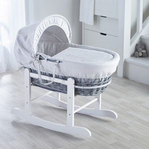 White Waffle Grey Wicker Moses Basket with White Little Gem Rocking Stand - White by Kinder Valley