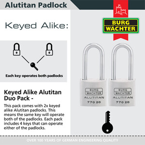 Pack of 2 Long Shackle Aluminium 20mm Padlocks - Silver by Burg-Wachter