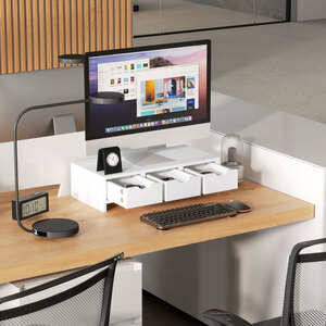 HOMCOM Monitor Stand Riser with 3 Drawers - White by HOMCOM