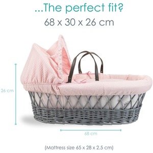 Waffle Grey Wicker Moses Basket - Pink by Clair de Lune