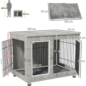 Dog Crate Furniture End Table with Soft Cushion - Grey by PawHut