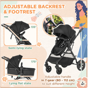 HOMCOM 2 in 1 Pushchair with Reversible Seat Baby Stroller - Black by HOMCOM