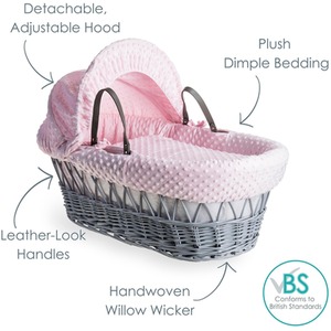 Dimple Grey Wicker Moses Basket - Pink by Clair de Lune