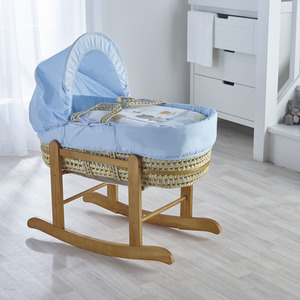 Tiny Ted Blue Moses Basket with Natural Little Gem Rocking Stand by Kinder Valley