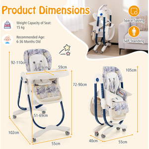 Folding Baby Highchair with Rolling Wheels - Blue by Costway