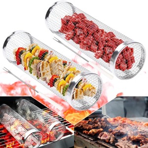 Stainless Steel Rolling BBQ Grill Basket for Vegetables Fish Meats - Silver by Dyzi