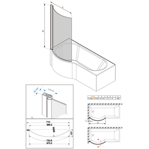 Curved Pivot Bath Screen Panel for P-Shaped Bath - Black