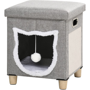 PawHut 2 in 1 Cat Bed Ottoman with Removable Cushion, Anti-Slip Foot Pads - Grey by PawHut