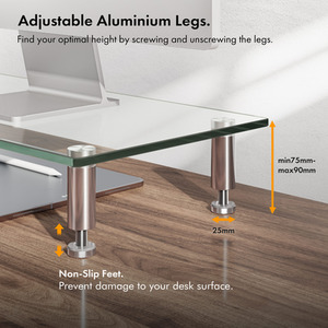 Height Adjustable Glass Monitor Stand for Desks with Aluminium Legs - Clear / 1218cm3 by VonHaus