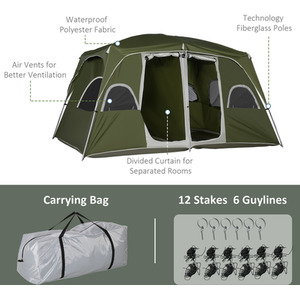 Outsunny Camping Tent Family Tent 4-8 Person 2 Room - Green by Outsunny