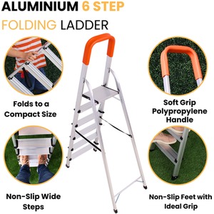 Lightweight Step Ladders 6 Step, Compact Aluminium, Portable Tall Folding Ladder - Orange by NOVECRAFTO