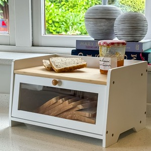 Two Tone Bamboo Bread Bin with Shelf - White by Maison Des Cadeaux
