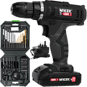 18V Li-ion Cordless Drill Electric Screwdriver, Combi Driver and Accessory Kit - Black / 56 Piece by Mylek