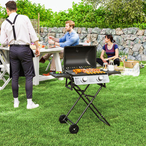 Outsunny Portable Foldable Gas BBQ Grill with Side Tables - Black by Outsunny