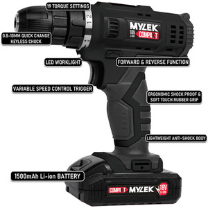 18V Li-ion Cordless Drill Electric Screwdriver, Combi Driver and Accessory Kit - Black / 56 Piece by Mylek