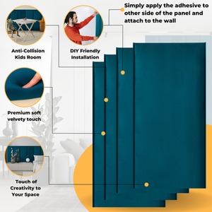 Velvet Wall Panels 4 Pack with Adhesive - Anti-Collision Wall Mounted Headboards - Blue by NOVECRAFTO