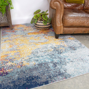 Navy Blue Ochre Distressed Abstract Living Area Rug by The Rug House