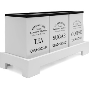 3 Piece Tea Coffee Sugar Canister Set with Stand - White - White by Maison Des Cadeaux