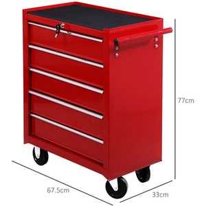 HOMCOM 5 Drawer Tool Trolley Lockable Steel Tool Chest on Wheels - Red by HOMCOM