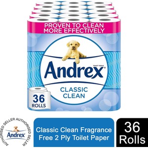 Andrex Toilet Rolls x36, x72 or x108 Classic Clean Fragrance-Free Toilet Paper - 2 Ply / 1 by Andrex