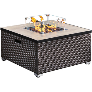Square Rattan Outdoor Gas Fire Pit Table with Screen - Brown by Teamson Home