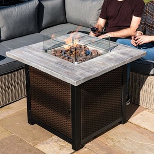 Large Outdoor Square Gas Fire Pit Table with Glass Surround and Lava Rocks - Brown by Teamson Home