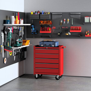 HOMCOM 5 Drawer Tool Trolley Lockable Steel Tool Chest on Wheels - Red by HOMCOM