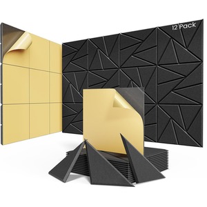 Set Of 12 Square Self Adhesive Acoustic Wall Panels Tiles - Black by Gr8 Home