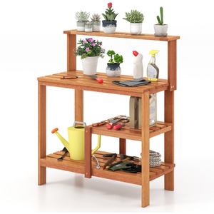 Garden Potting Bench Table with Storage - Brown by Costway