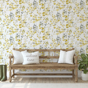 Fresco Watercolour Leaves Ochre Wallpaper - Yellow by Fresco