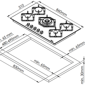 90cm Built-in Gas Hob - 5 Burners - Wok Burner - Stainless Steel by Ferre