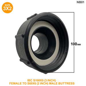 IBC S100x8 (3 inch) Female to S60x6 (2 inch) Male Buttress - Black by DNA PACKAGING LTD