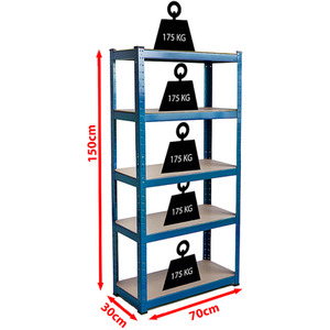 5 Tier Heavy Duty Adjustable Steel Garage Shelving Unit - 875kg Weight Capacity - Blue / 30cm by Vida Designs