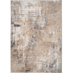 Warm Beige Grey Distressed Abstract Geometric Motif Area Rug by The Rug House